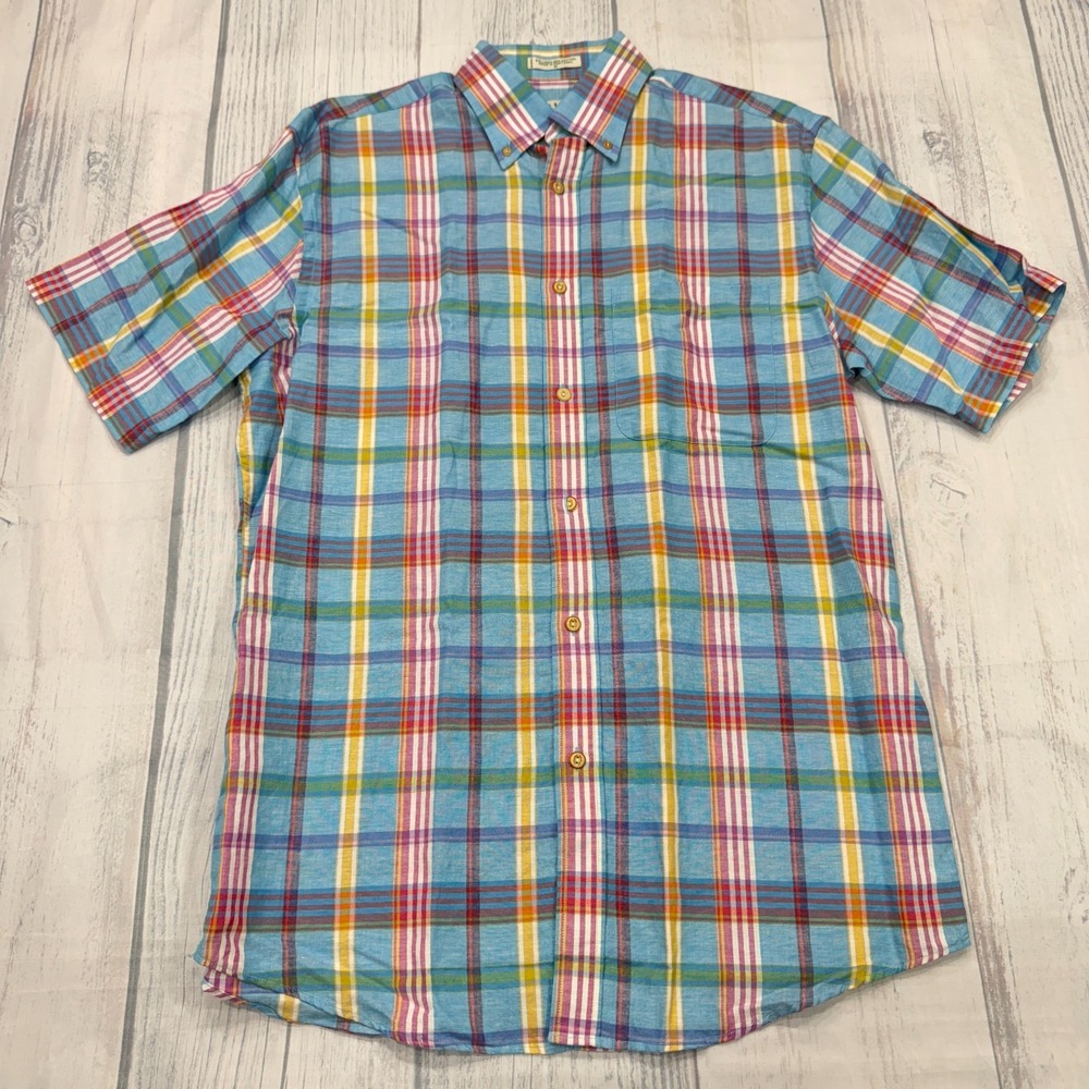 Orvis Linen Button Shirt M Short Sleeve Multi Color‎ Beach Casual Fish Mens
